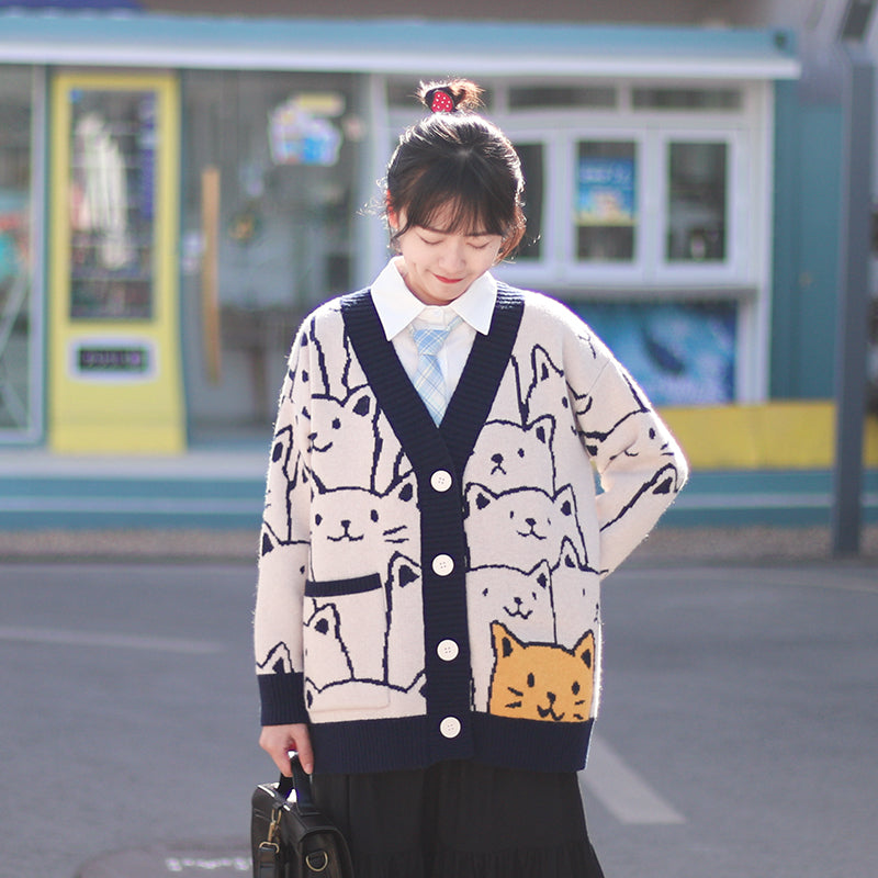 Spring Cute Cat Printed Cardigan Sweater