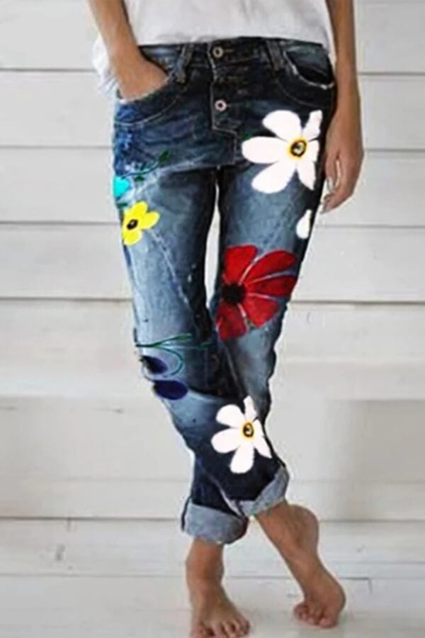 Casual Wear Flower Print Regular Fit Jeans