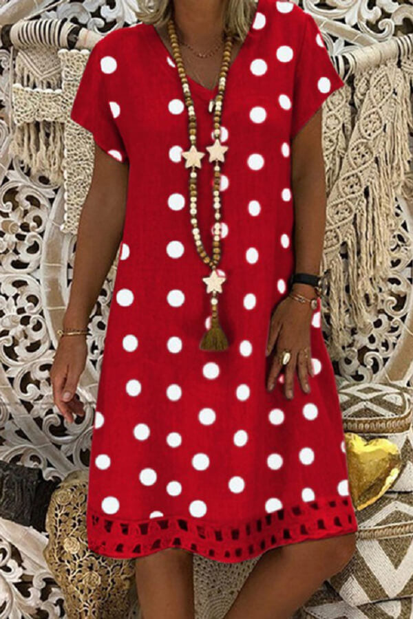 Fashion Casual V Neck Polka Dot Dress