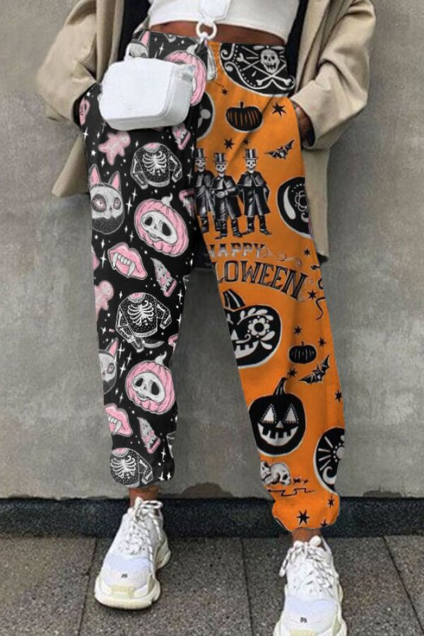 Fashion Halloween Print Patchwork Trousers