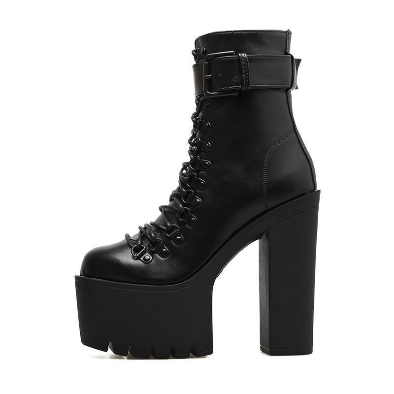 Damen-Gothic-Schnürstiefel mit Plateausohle, klobigem High-Heel-Stiefeletten und Schnalle 