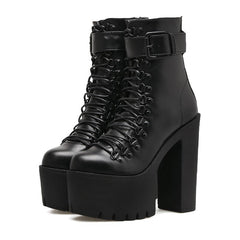 Damen-Gothic-Schnürstiefel mit Plateausohle, klobigem High-Heel-Stiefeletten und Schnalle 