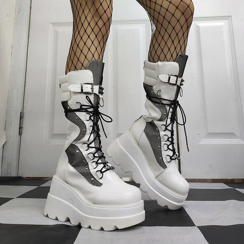 Womens Punk Lace-Up Mid Calf Platform Boots