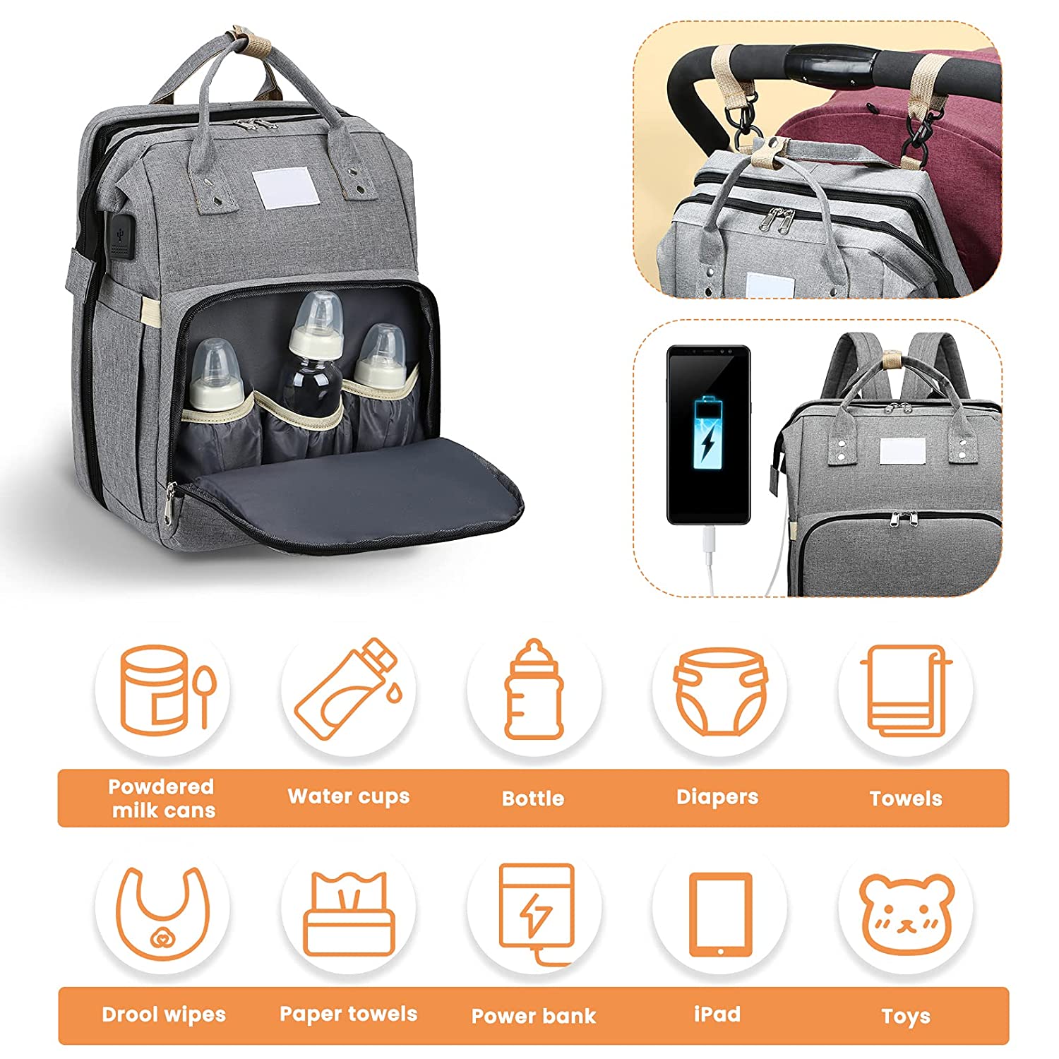 4-in-1 Backpack - Crib, Diaper Bag, Sun Shade & USB Integration