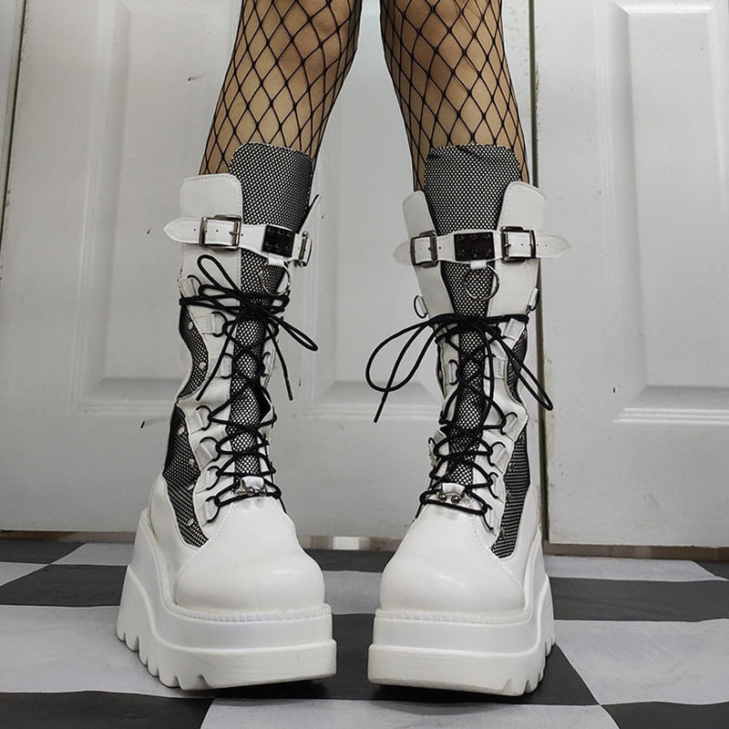 Womens Punk Lace-Up Mid Calf Platform Boots