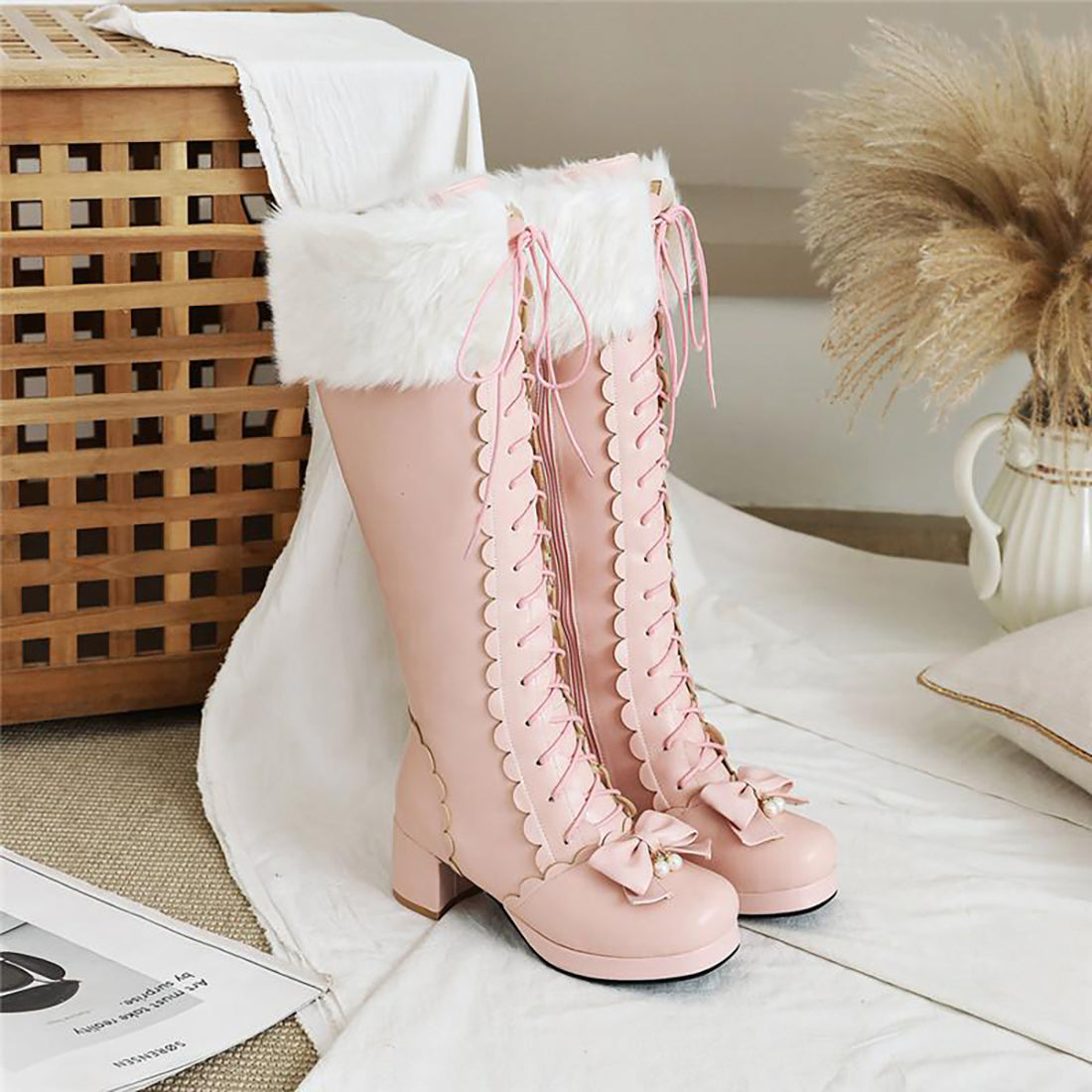 Bottes hautes chaudes Lolita Bowknot