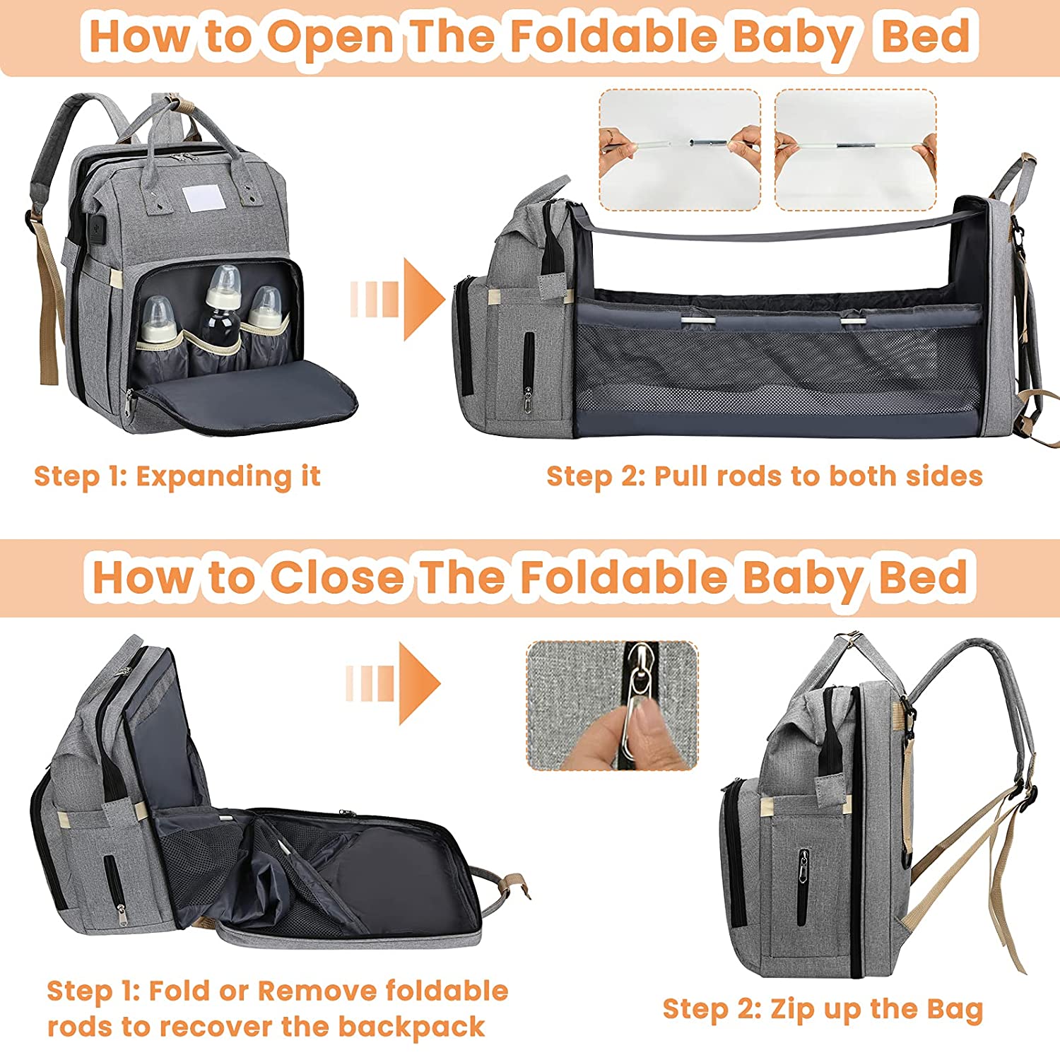 4-in-1 Backpack - Crib, Diaper Bag, Sun Shade & USB Integration