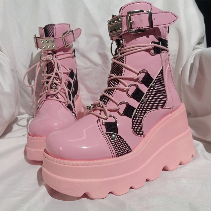 Womens Punk Lace-Up Platform Boots