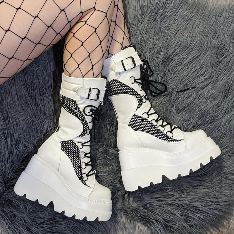 Womens Punk Lace-Up Mid Calf Platform Boots