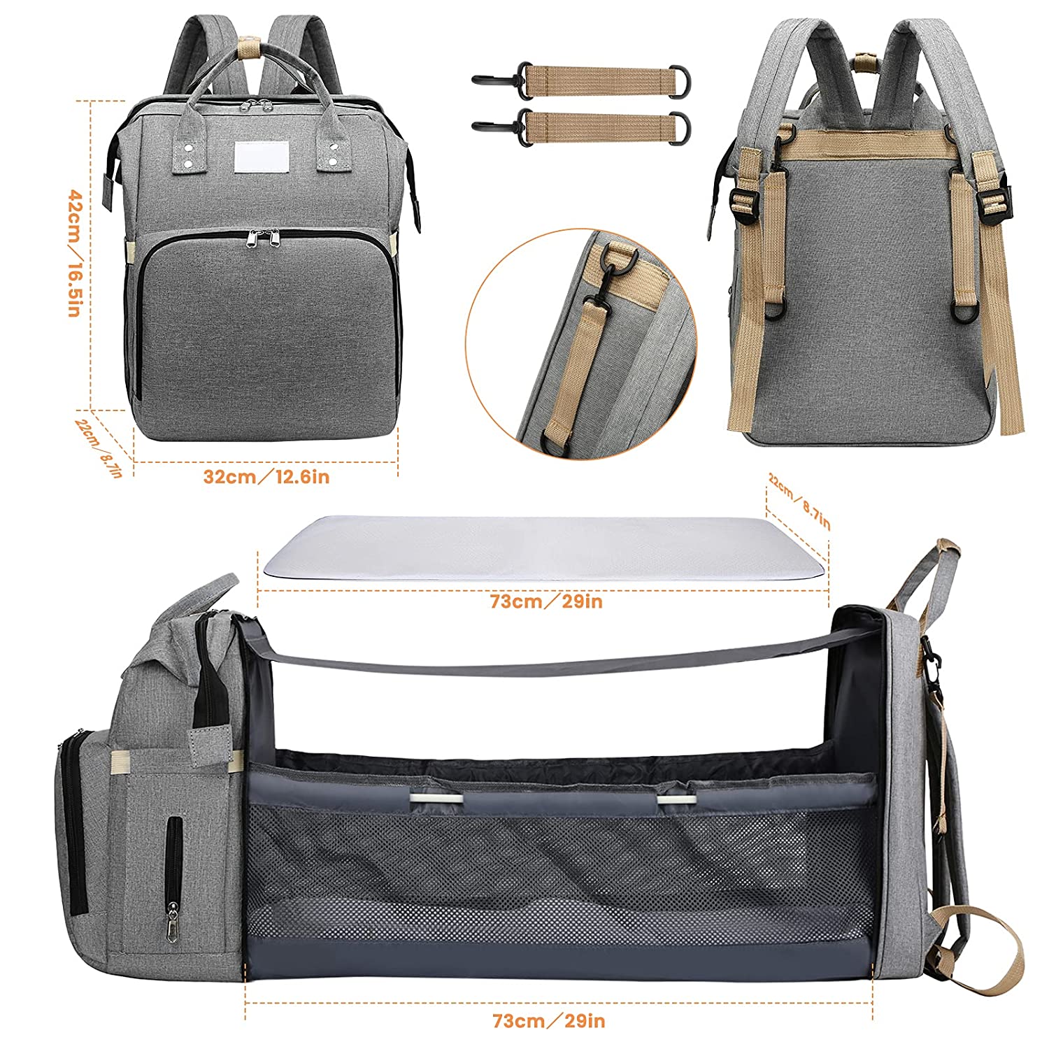 4-in-1 Backpack - Crib, Diaper Bag, Sun Shade & USB Integration