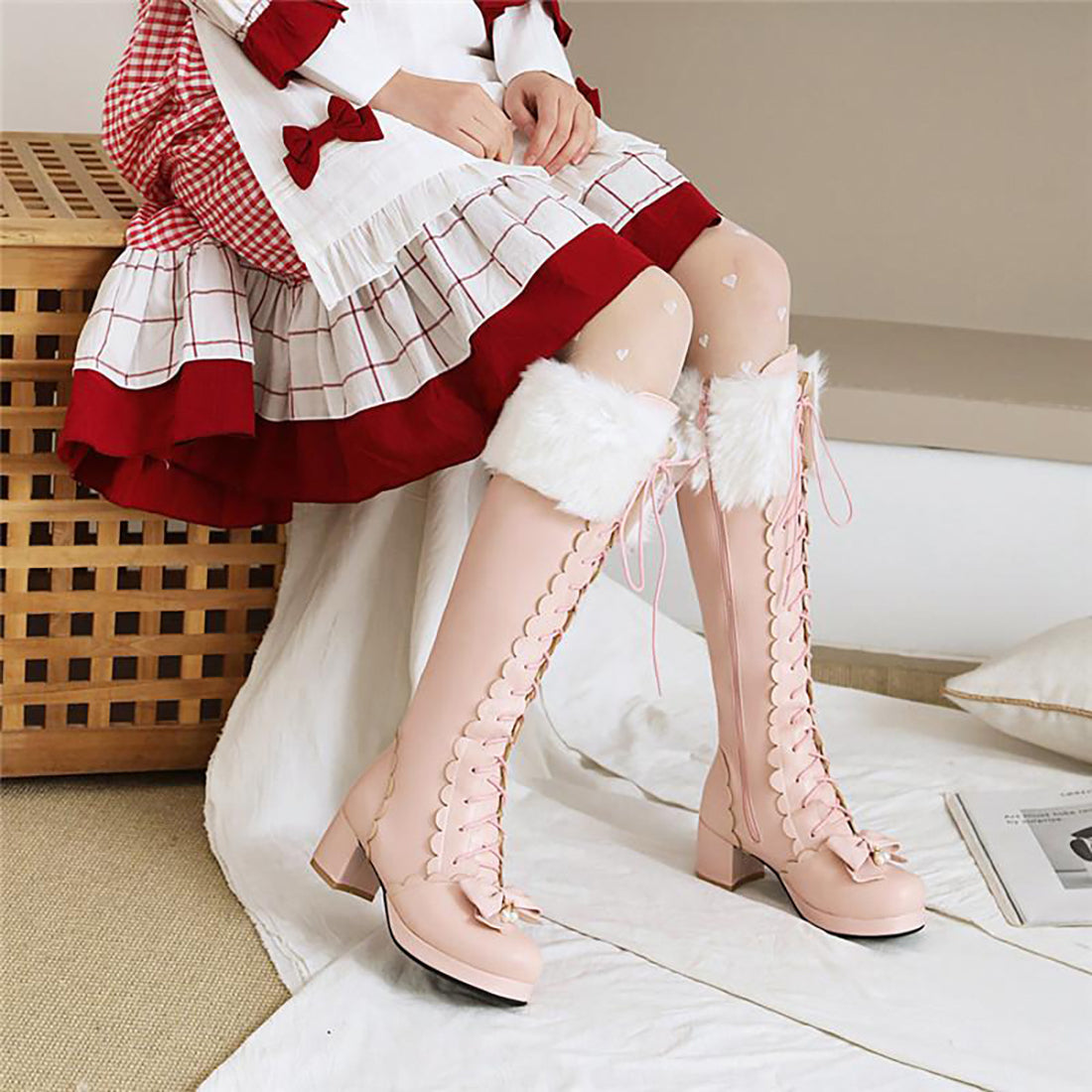 Bottes hautes chaudes Lolita Bowknot