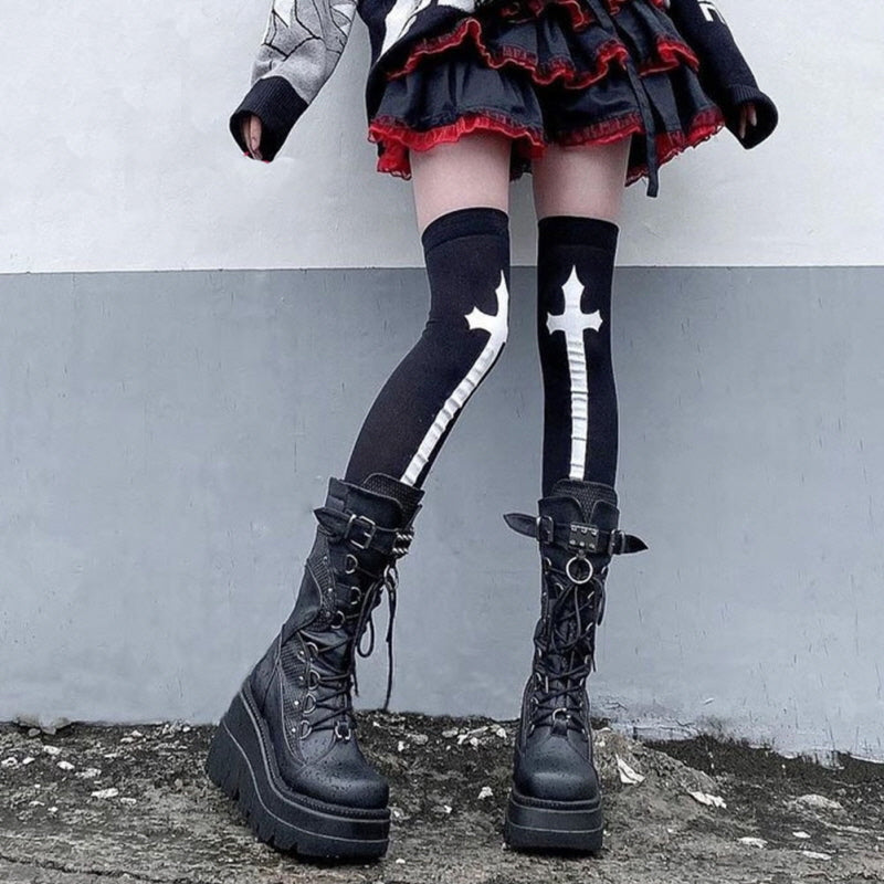 Womens Punk Lace-Up Mid Calf Platform Boots