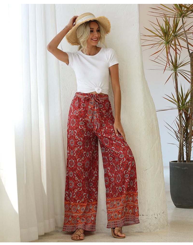 Boho print wide leg pants Elastic waist tie trousers