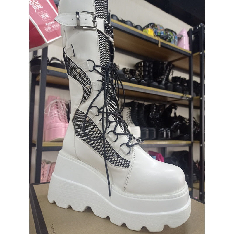 Womens Punk Lace-Up Mid Calf Platform Boots