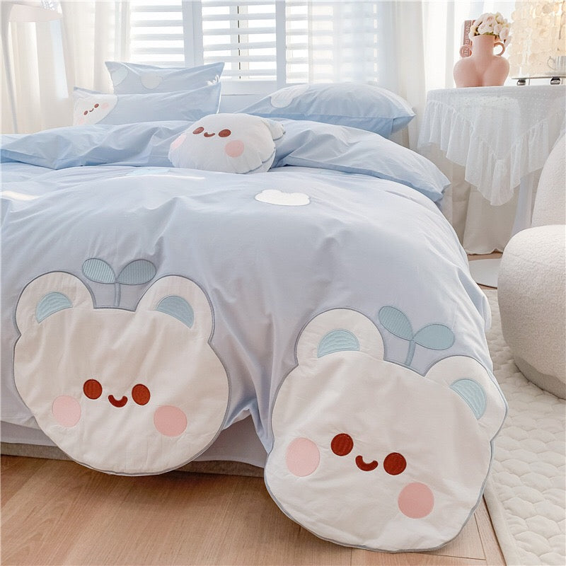 Blue Cute Cartoon Bear Pattern Embroidery Bedding Set