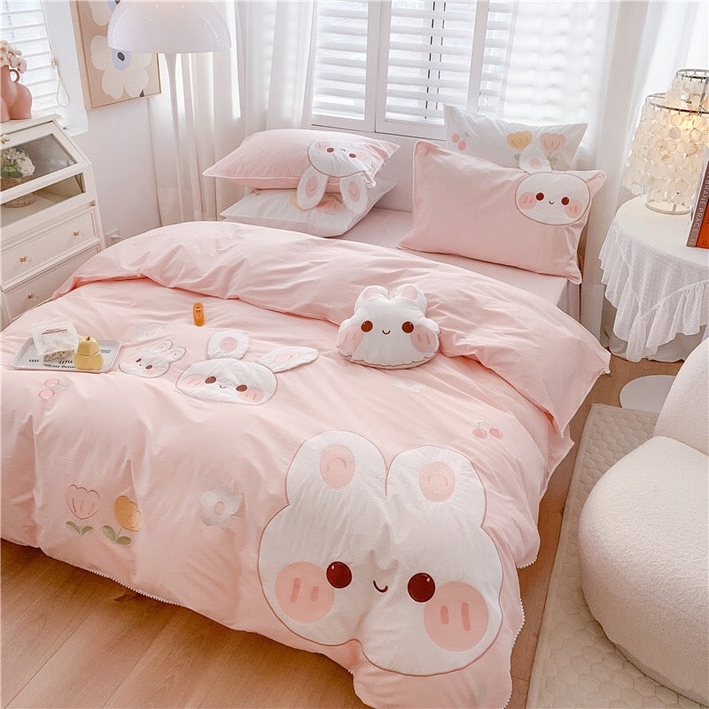 Cute Cartoon Bunny Pattern Embroidery Bedding Set