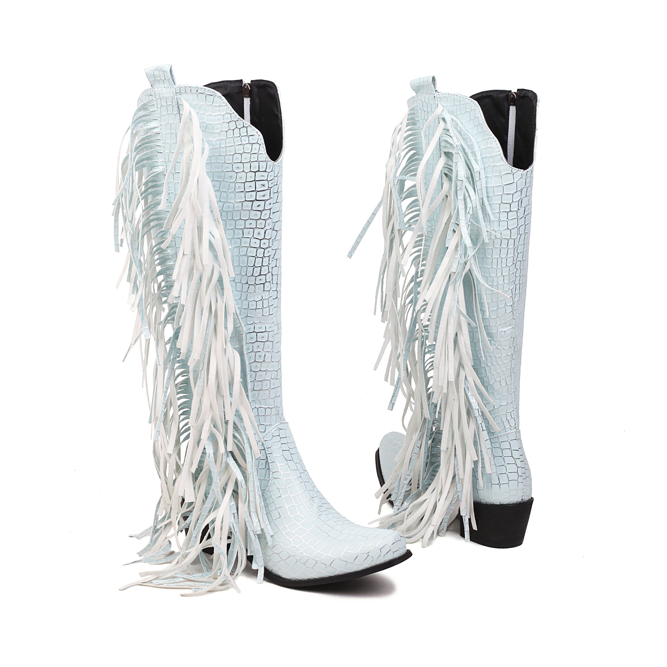 Womens Zipper Pattern Fringe Western Cowboy Boots