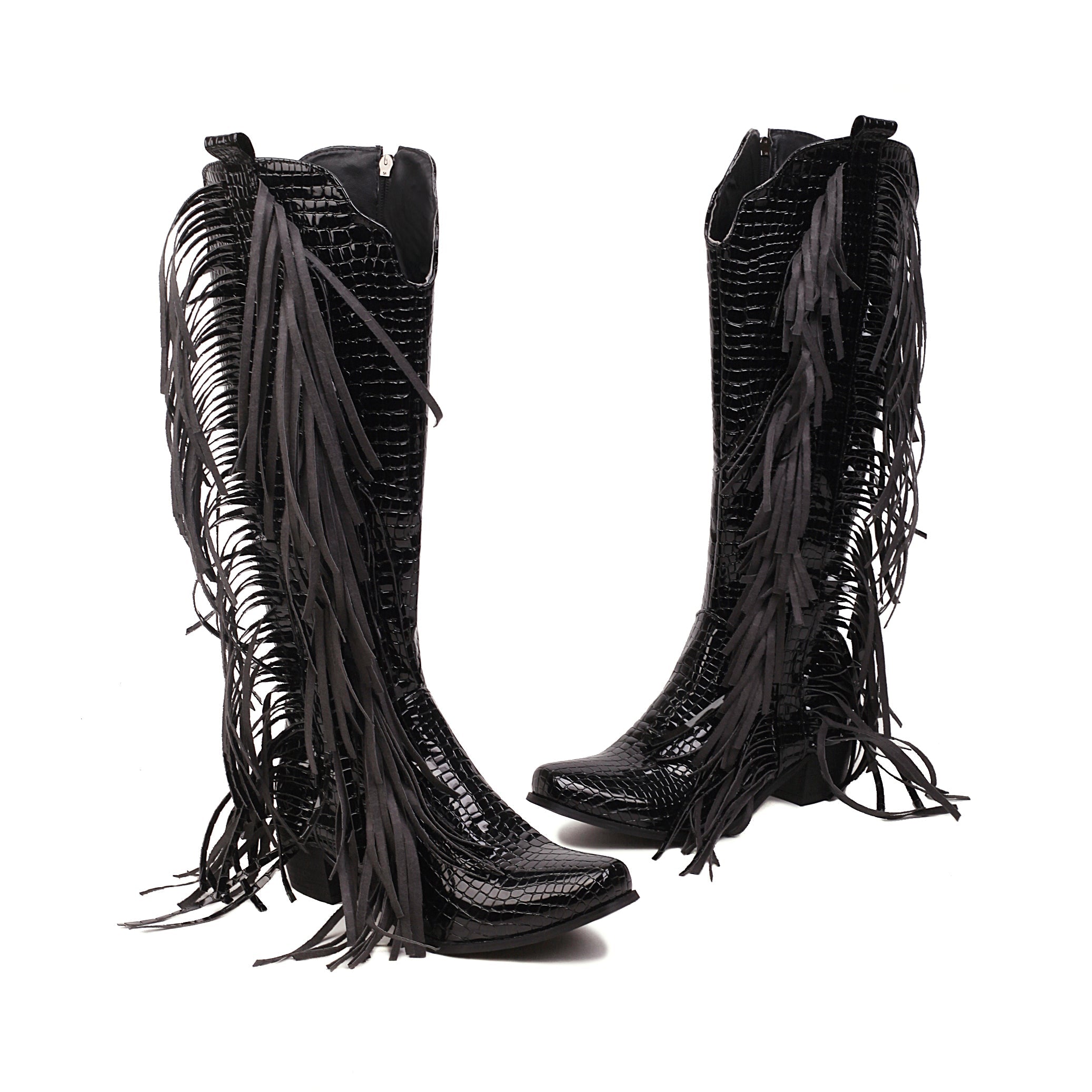 Womens Zipper Pattern Fringe Western Cowboy Boots