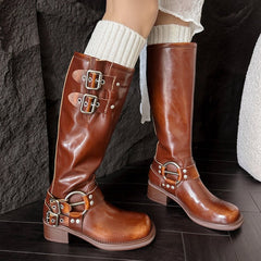 Womens Leather Buckle Cowboy Western Boots Motorcycle Boots