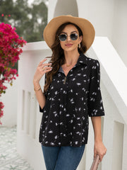 Women's T-Shirts Button Floral Loose Sleeve T-Shirt