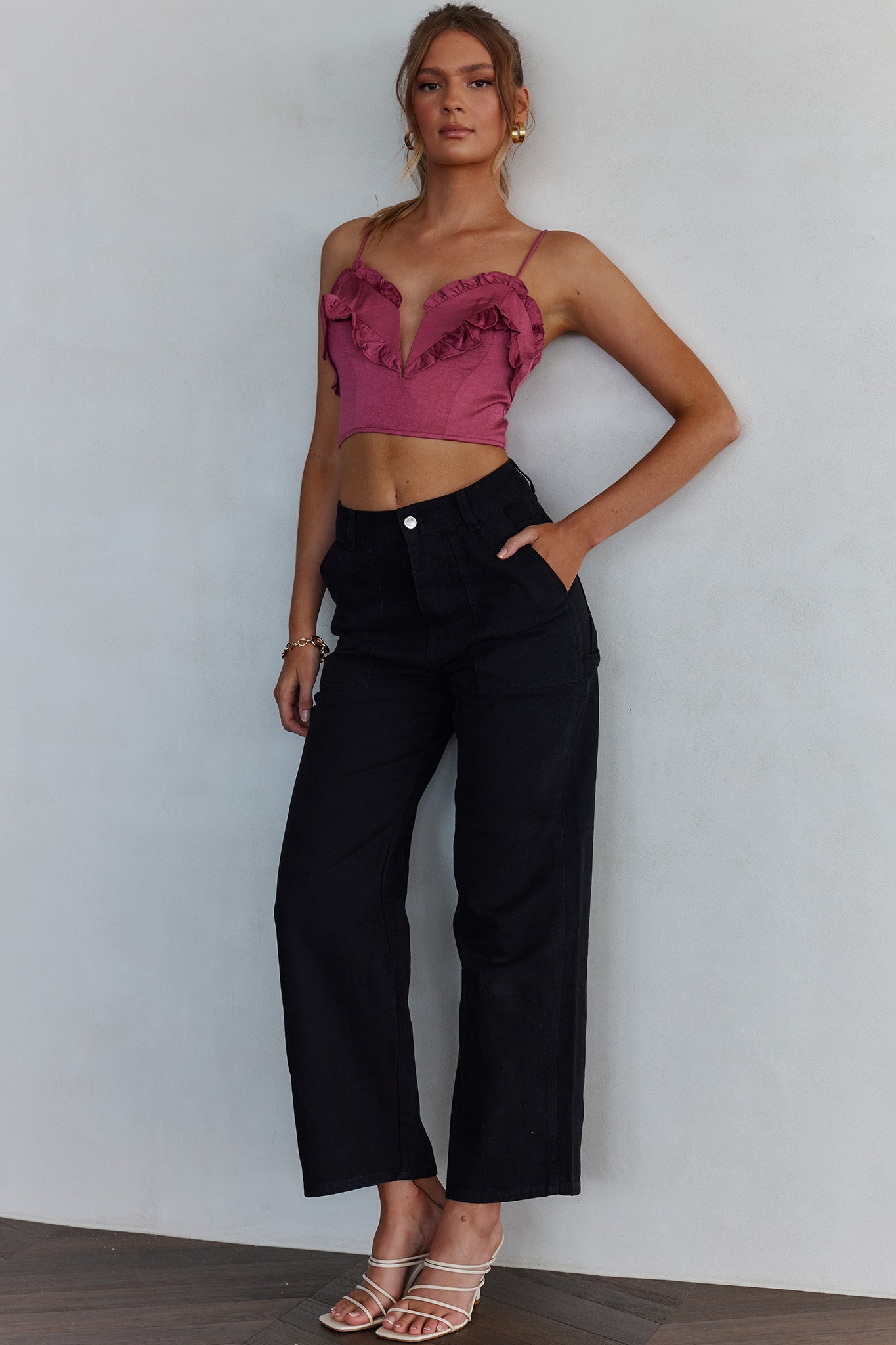 La Seine V-Neckline Frill Trim Crop Top Antique Rose