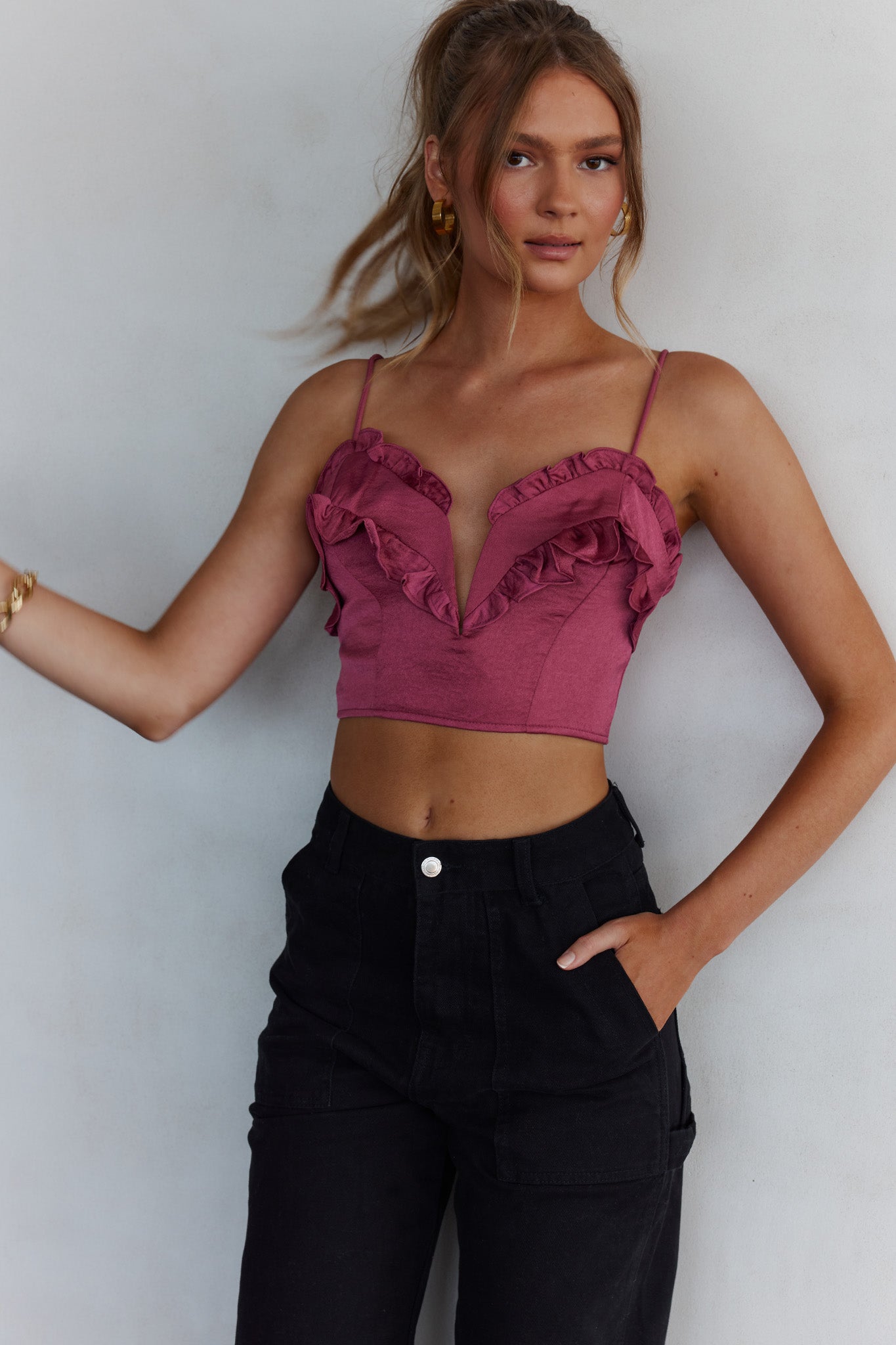 La Seine V-Neckline Frill Trim Crop Top Antique Rose