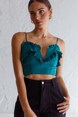 La Seine V-Neckline Frill Trim Crop Top Forest Green