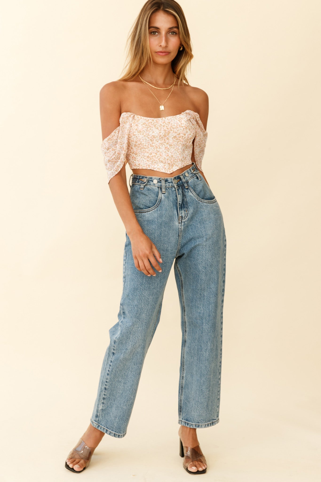 Brandy Off-Shoulder Pointed Hem Crop Top Mottled Print Nude