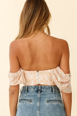 Brandy Off-Shoulder Pointed Hem Crop Top Mottled Print Nude