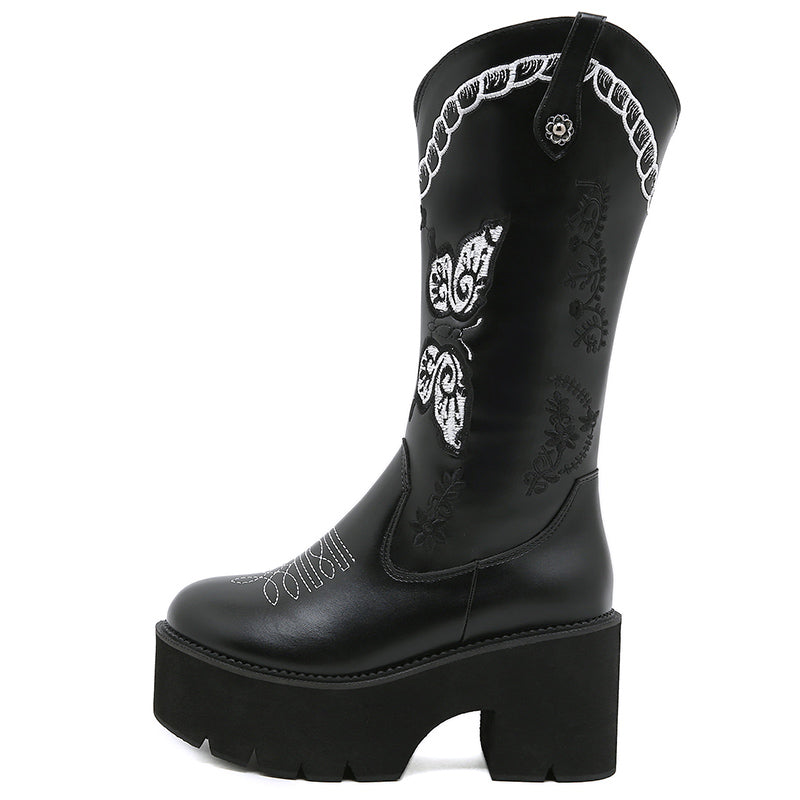 Women Cowboy platform Embroidery Western Mid-Calf Boots