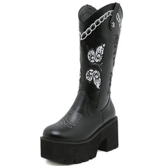 Women Cowboy platform Embroidery Western Mid-Calf Boots