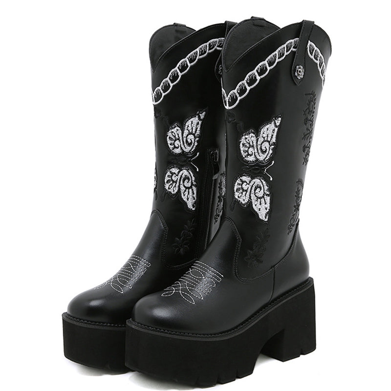 Women Cowboy platform Embroidery Western Mid-Calf Boots