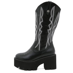 Women Gothic Platform Embroidery Mid-Calf Boots