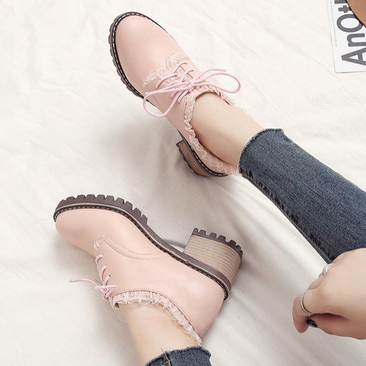 Cute Girls Teenage Lace-up Boots Mid Heels Shoes