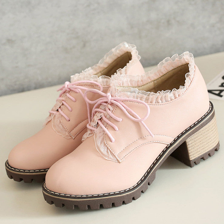 Cute Girls Teenage Lace-up Boots Mid Heels Shoes