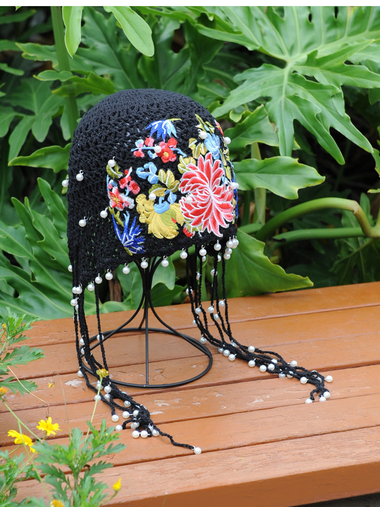 Ethnic style embroidered knitted hat Women's spring and summer versatile ear protection hat