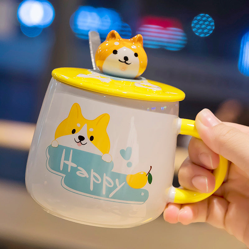 Linda taza de cerámica con tapa de perro Corgi