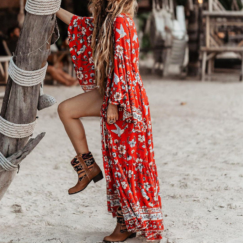 New Women's Sexy Long Sleeve Mid Length Boho Print Dress