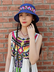 New National Style Embroidered Braided Hat, Folding Leisure Straw Hat, Summer Vacation Beach Sunshade Basin Hat