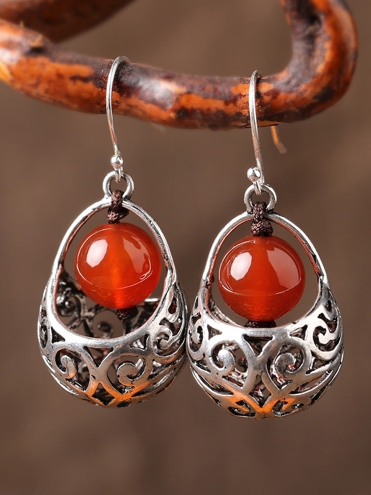 Red agate folk earrings silver earrings retro earrings with cheongsam sterling silver temperament earrings