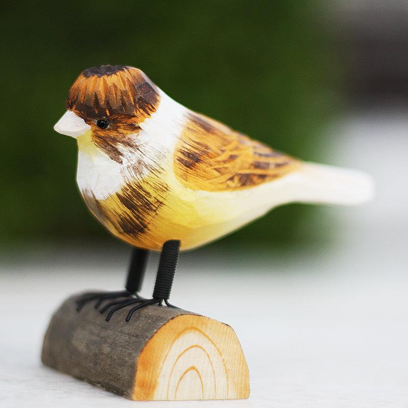 Vogelfiguren mit Haube, Kanarienvögel, handgeschnitzt, bemalt, aus Holz