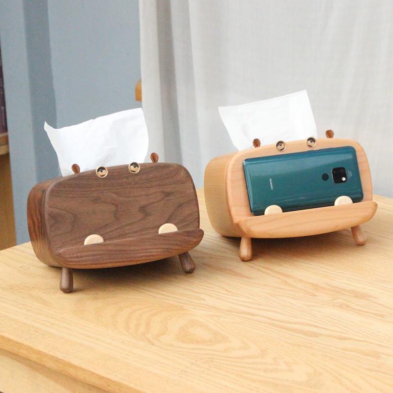 Housse de boîte à mouchoirs avec support de téléphone Décoration hippopotame en bois faite à la main