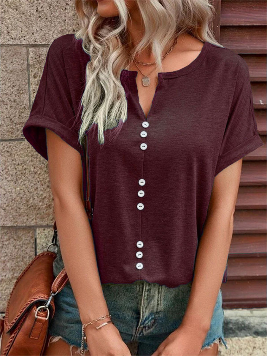 Women's T-Shirts V-Neck Button Short-Sleeved T-Shirt