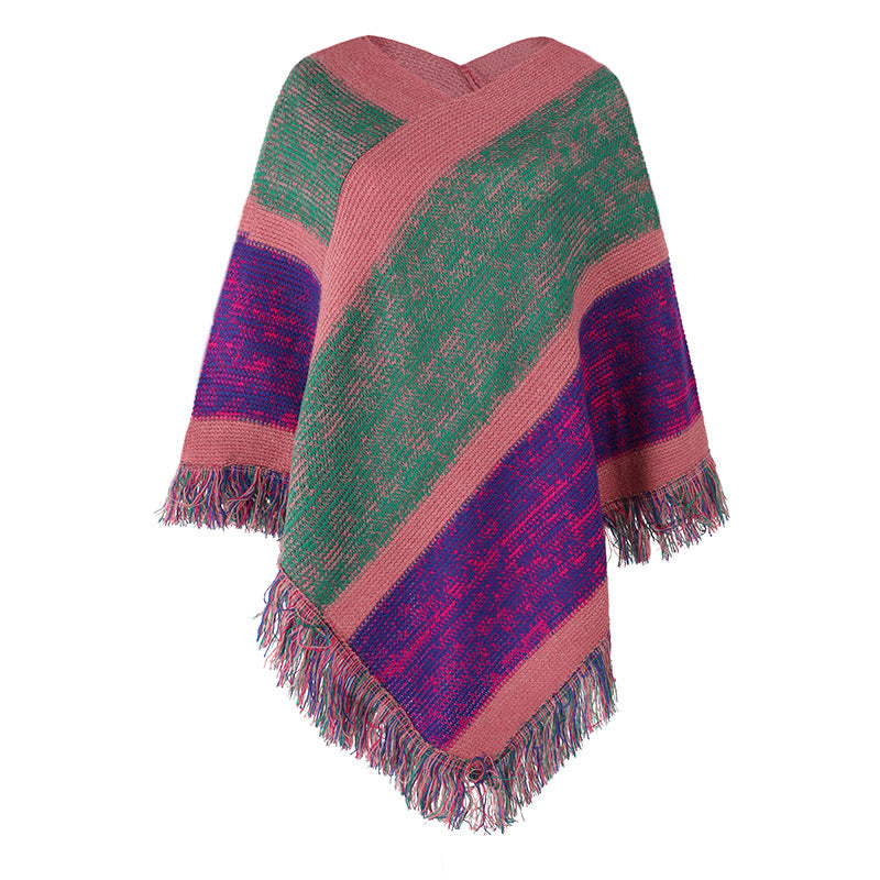 Contrast stripe knitted cape fringed cape