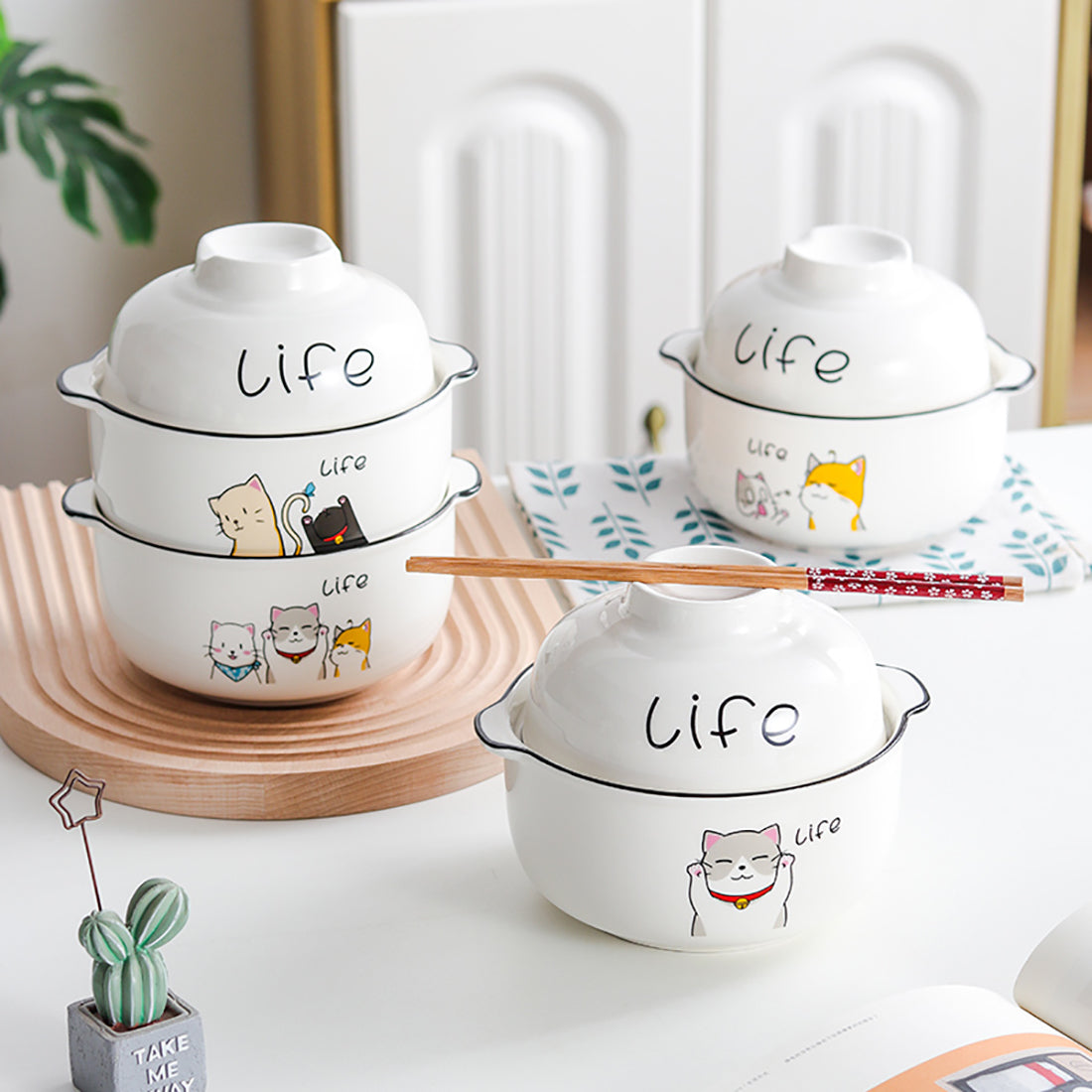 Cute Cartoon kitties Print Ceramic Noodle Bowl Set