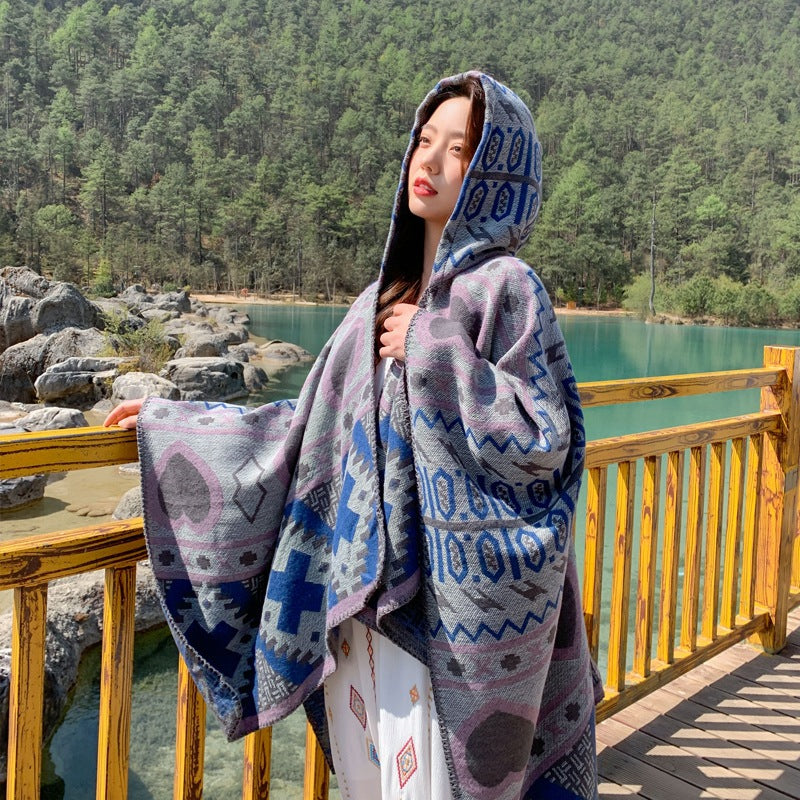 Tibetan ethnic shawl women's Autumn hooded cloak air-conditioned room warm cloak scarf