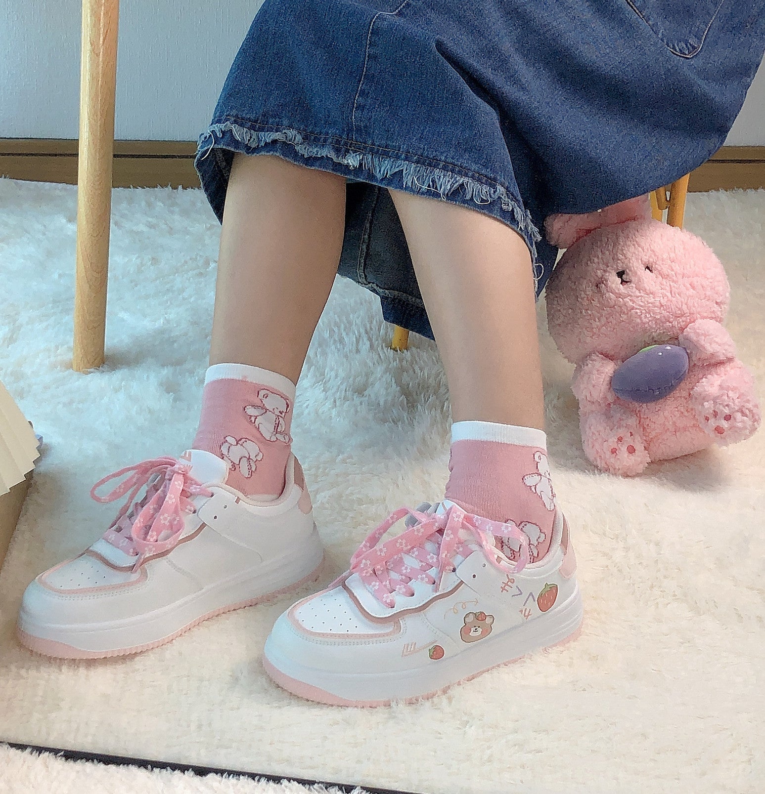 Lindos zapatos preppy Zapatillas estéticas para niñas con oso de fresa