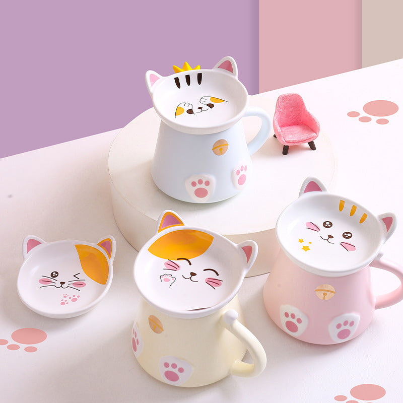 Tasse de petit-déjeuner chat mignon avec couvercle