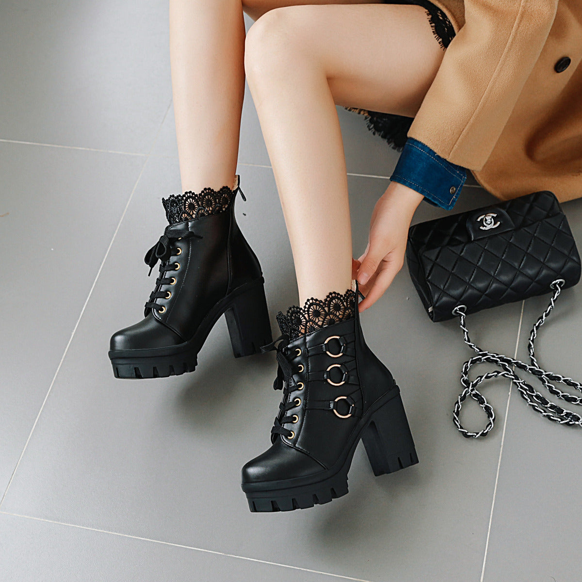 Women's Platform Thick High Heel Lace Up Ankle Boots