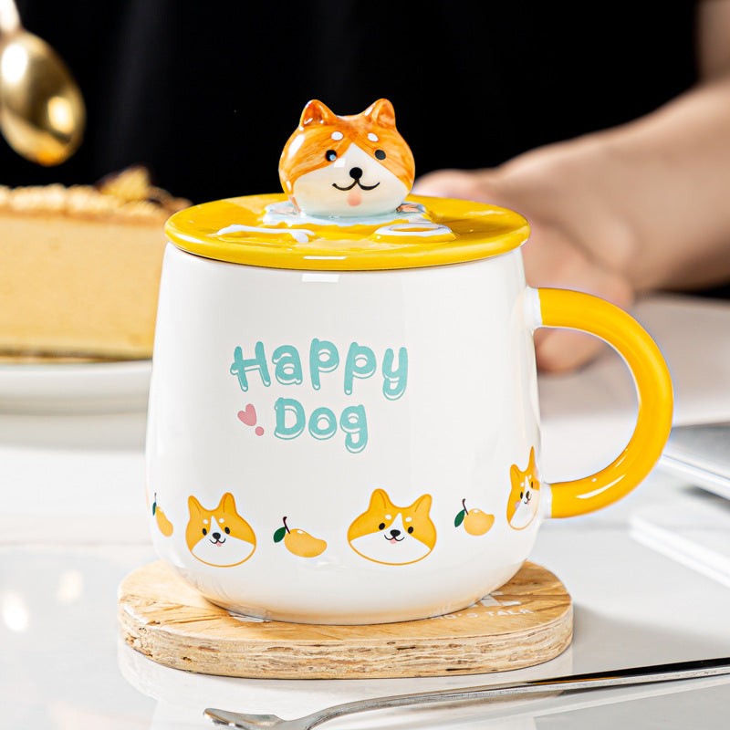 Linda taza de cerámica con tapa de perro Corgi